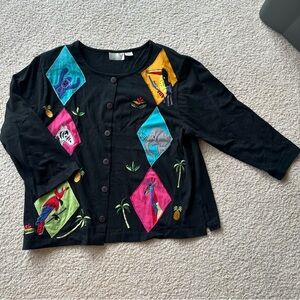Vintage Black Embroidered Cardigan Women’s XL Shoulder Pads